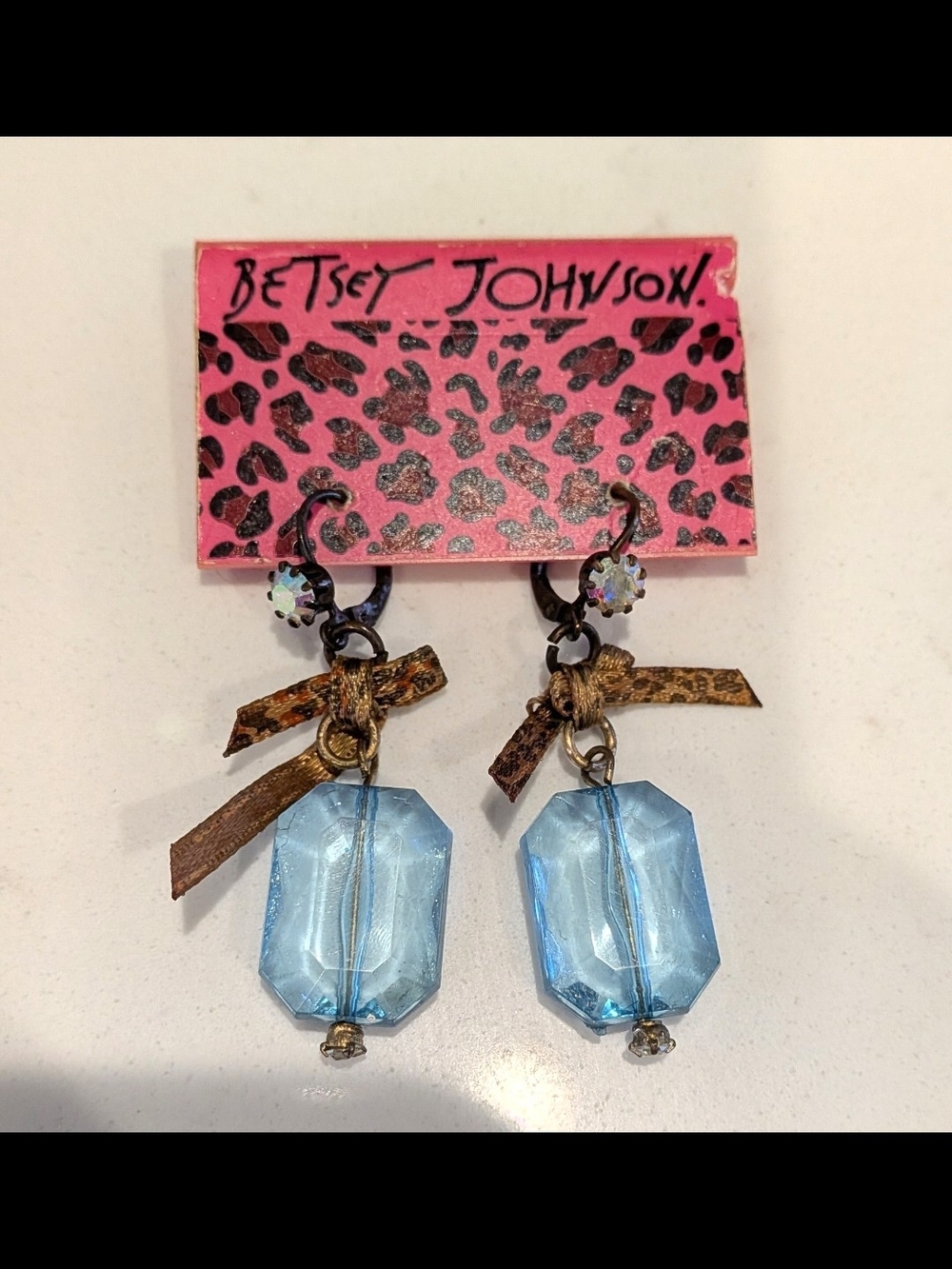 Betsey Johnson Blue Crystal Drop Earrings with Gold Ribbon Charms
